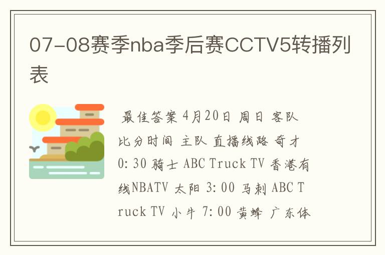 07-08赛季nba季后赛CCTV5转播列表