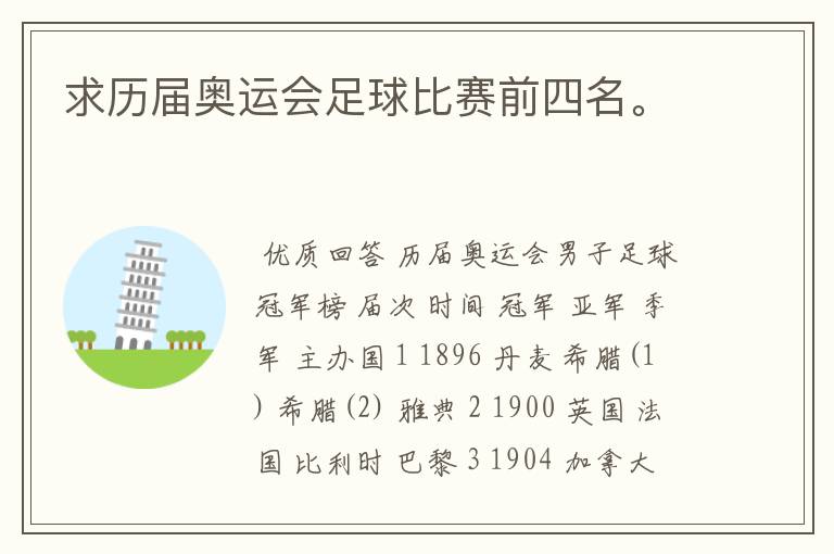 求历届奥运会足球比赛前四名。