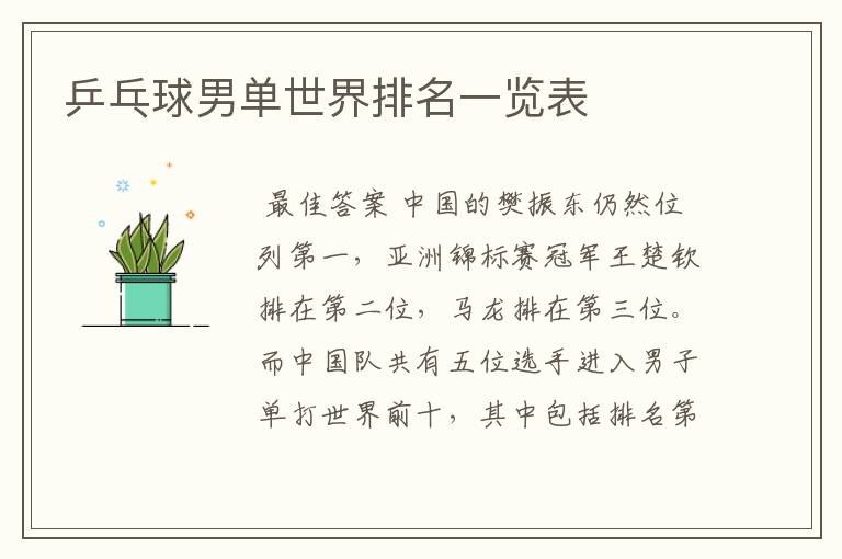 乒乓球男单世界排名一览表