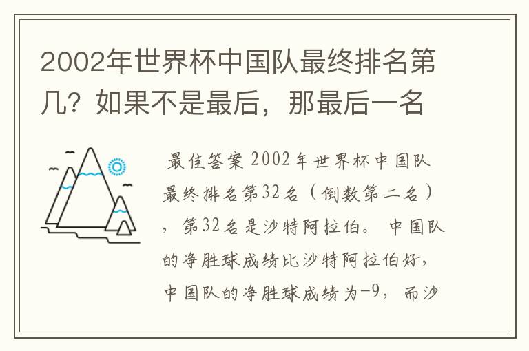 2002年世界杯中国队最终排名第几?如果不是最后,那最后一名32名是谁?