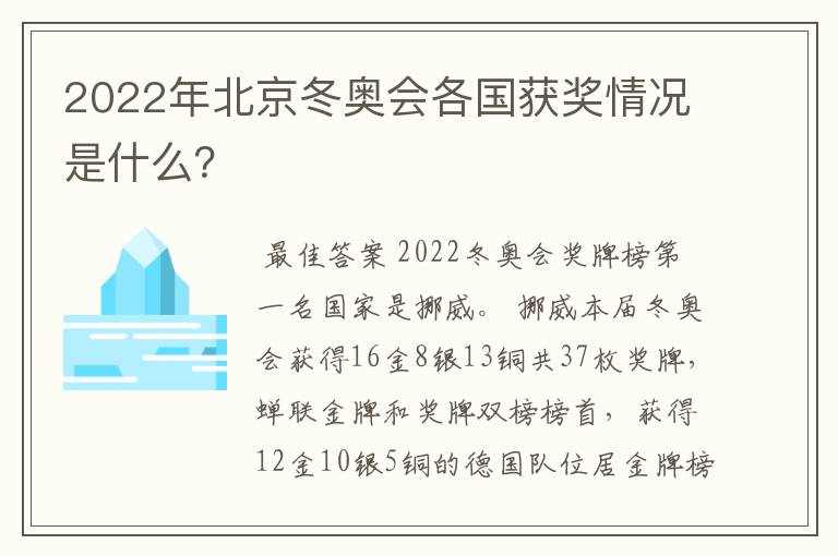 2022年北京冬奥会各国获奖情况是什么?