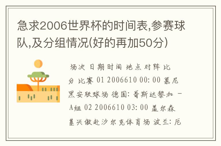 急求2006世界杯的时间表,参赛球队,及分组情况(好的再加50分)