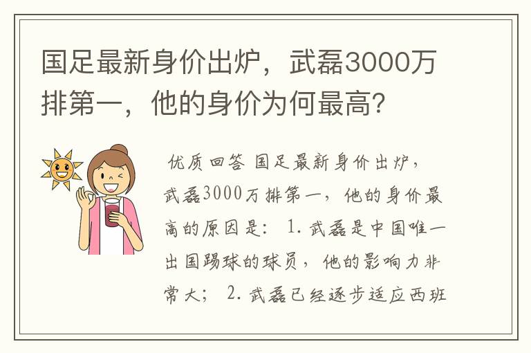 国足最新身价出炉，武磊3000万排第一，他的身价为何最高？