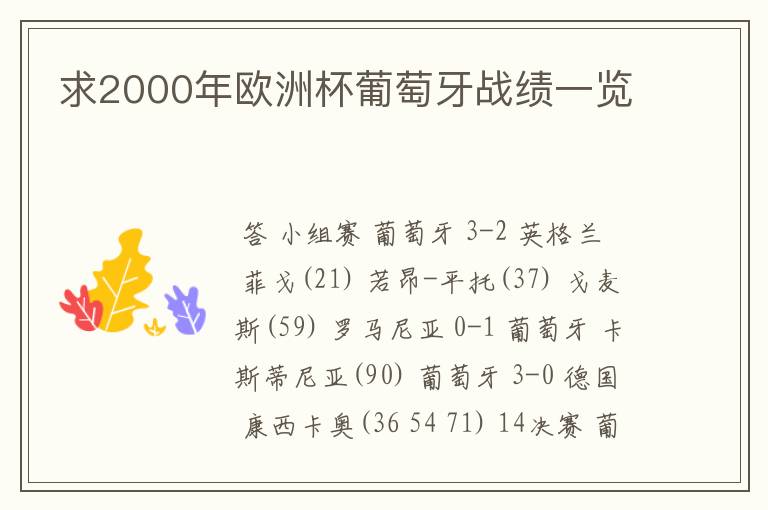 求2000年欧洲杯葡萄牙战绩一览