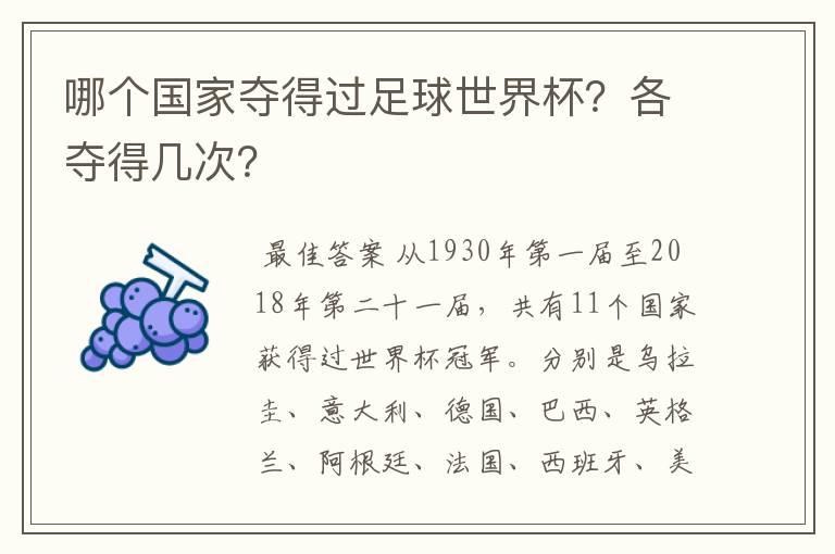 哪个国家夺得过足球世界杯?各夺得几次?