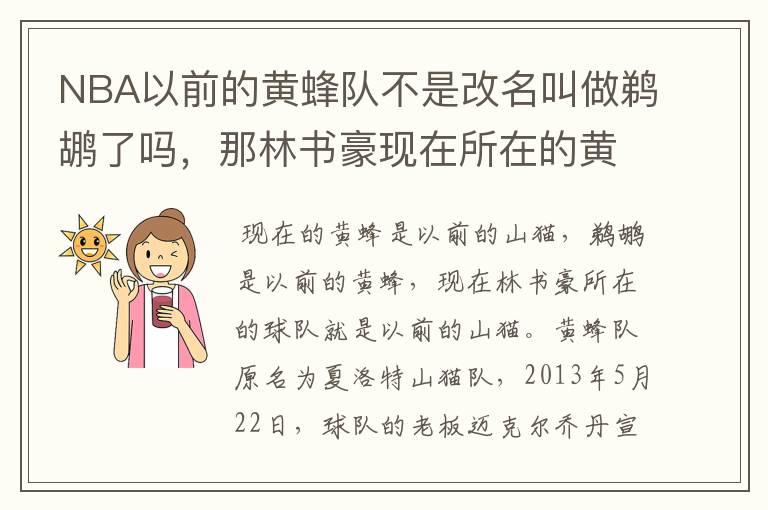 NBA以前的黄蜂队不是改名叫做鹈鹕了吗,那林书豪现在所在的黄蜂队又是怎么回事?这两个队到底是什么关