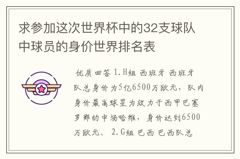 求参加这次世界杯中的32支球队中球员的身价世界排名表