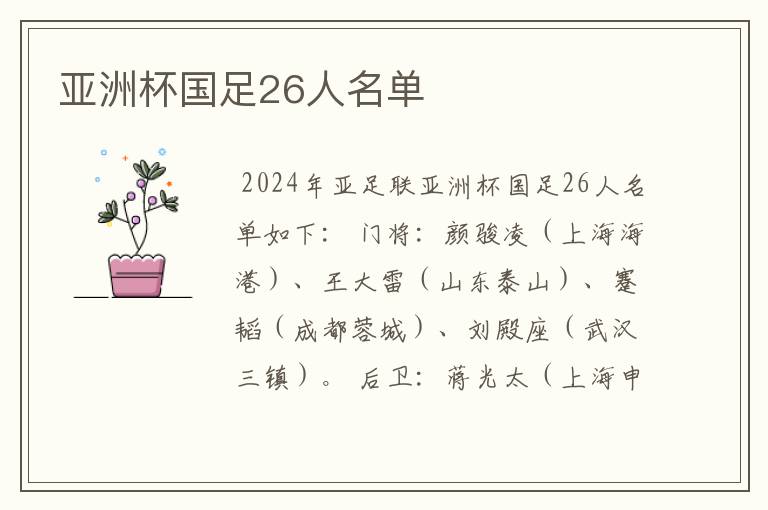 亚洲杯国足26人名单