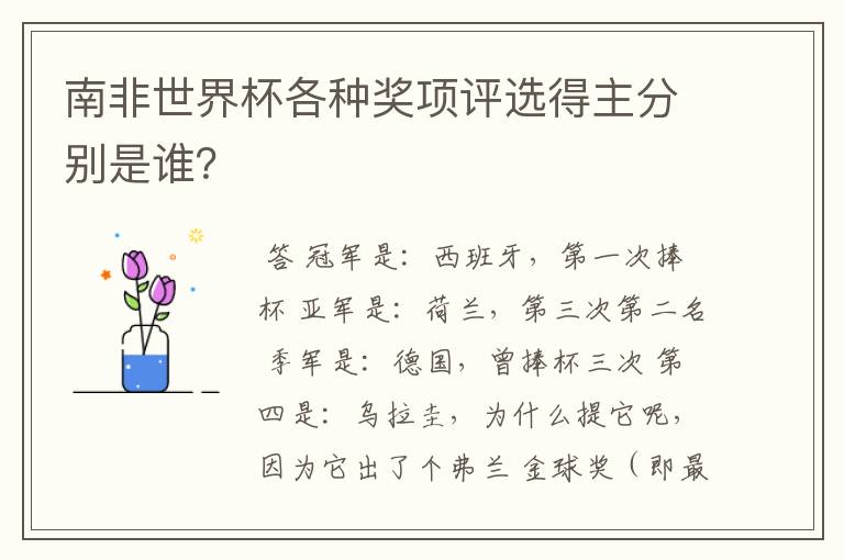 南非世界杯各种奖项评选得主分别是谁?