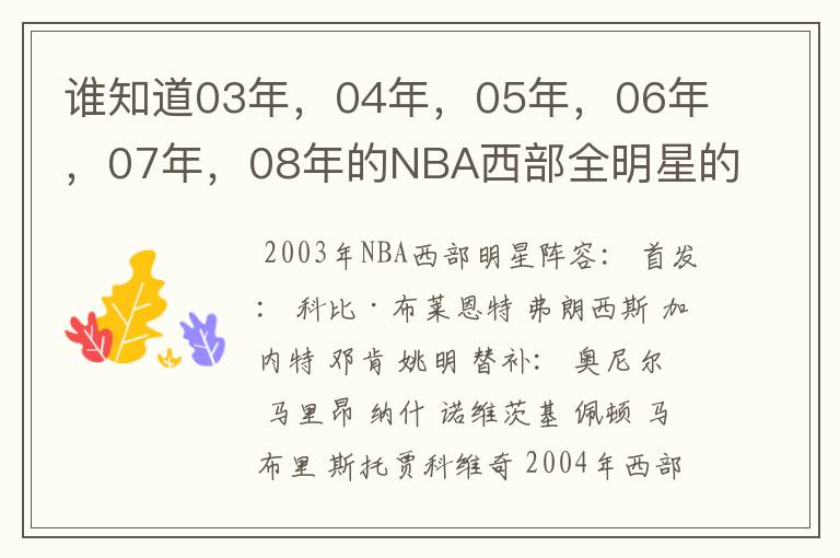 谁知道03年，04年，05年，06年，07年，08年的NBA西部全明星的阵容？