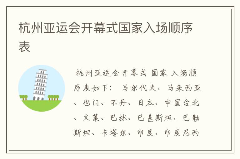 杭州亚运会开幕式国家入场顺序表