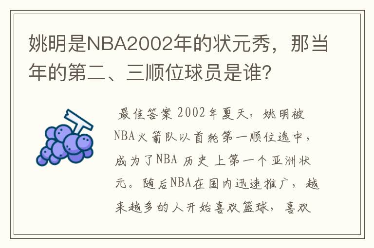 姚明是NBA2002年的状元秀,那当年的第二、三顺位球员是谁?