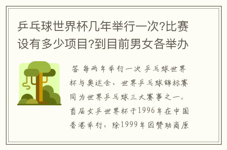 乒乓球世界杯几年举行一次?比赛设有多少项目?到目前男女各举办了几届