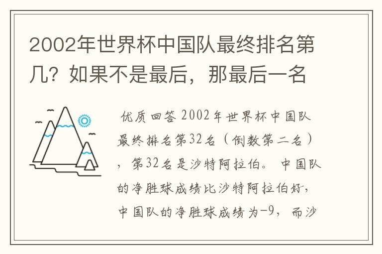 2002年世界杯中国队最终排名第几？如果不是最后，那最后一名32名是谁？