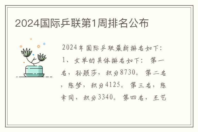 2024国际乒联第1周排名公布