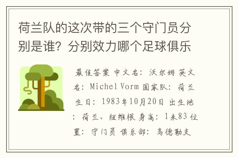荷兰队的这次带的三个守门员分别是谁?分别效力哪个足球俱乐部?