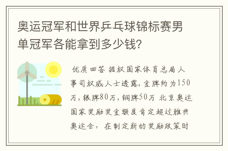 【乒乓球奥运会】乒乓球奥运会奖金一览表