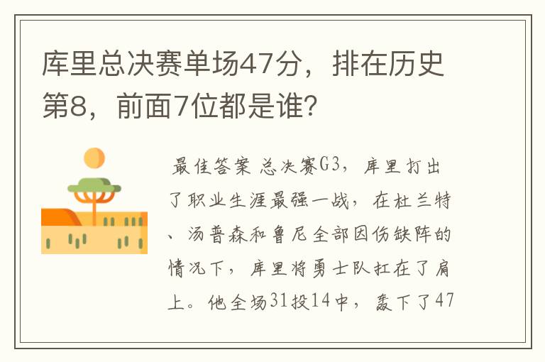 库里总决赛单场47分,排在历史第8,前面7位都是谁?