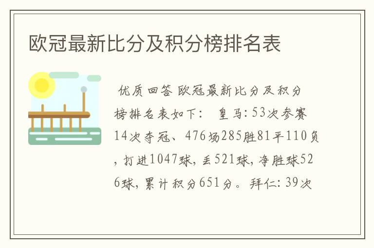 欧冠最新比分及积分榜排名表