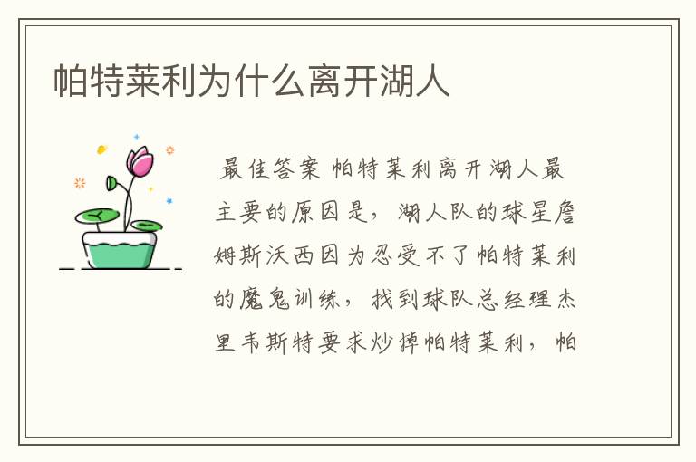 帕特莱利为什么离开湖人