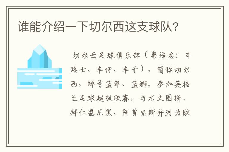 谁能介绍一下切尔西这支球队?