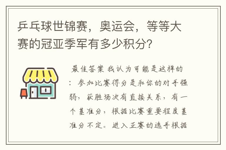 乒乓球世锦赛,奥运会,等等大赛的冠亚季军有多少积分?