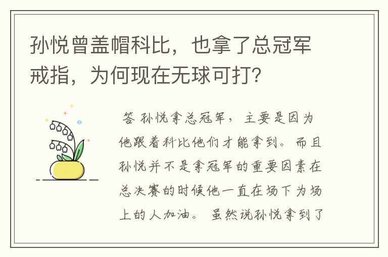孙悦曾盖帽科比，也拿了总冠军戒指，为何现在无球可打？