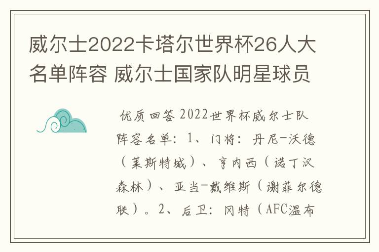 威尔士2022卡塔尔世界杯26人大名单阵容 威尔士国家队明星球员