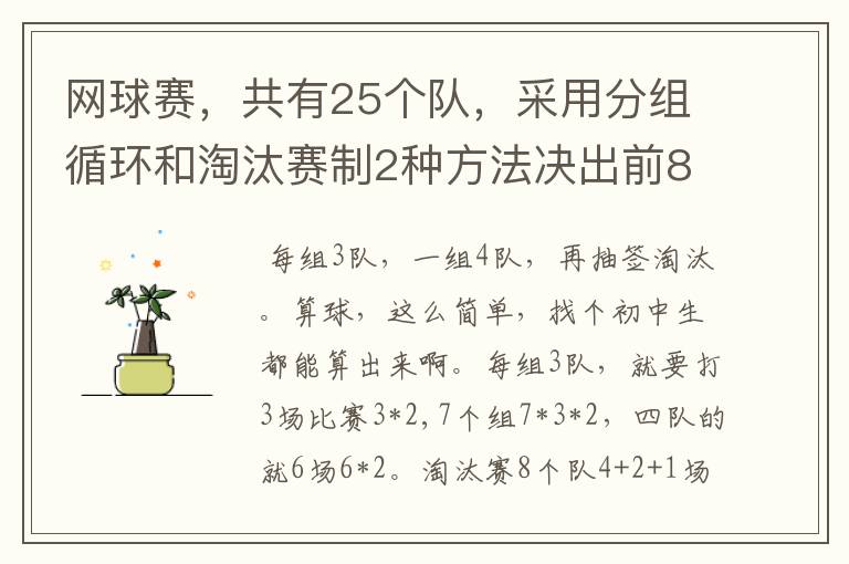 网球赛,共有25个队,采用分组循环和淘汰赛制2种方法决出前8名,怎样编排?每场比赛用2个球,共要几个球?