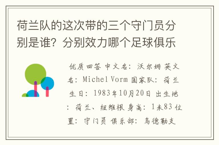 荷兰队的这次带的三个守门员分别是谁？分别效力哪个足球俱乐部？