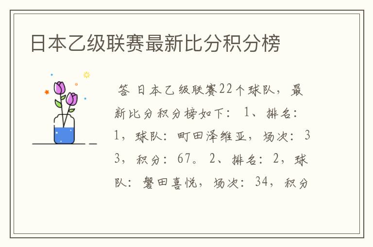 日本乙级联赛最新比分积分榜