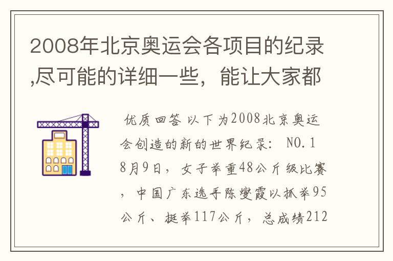 2008年北京奥运会各项目的纪录,尽可能的详细一些,能让大家都能共同学习!