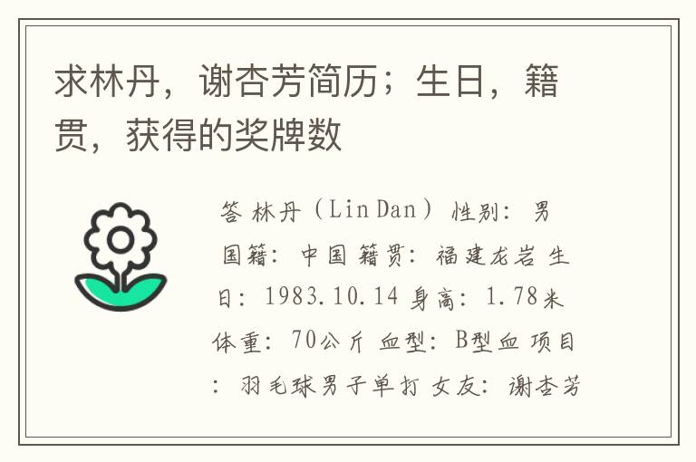 求林丹,谢杏芳简历;生日,籍贯,获得的奖牌数