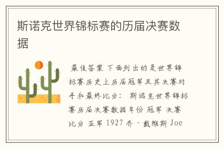 斯诺克世界锦标赛的历届决赛数据