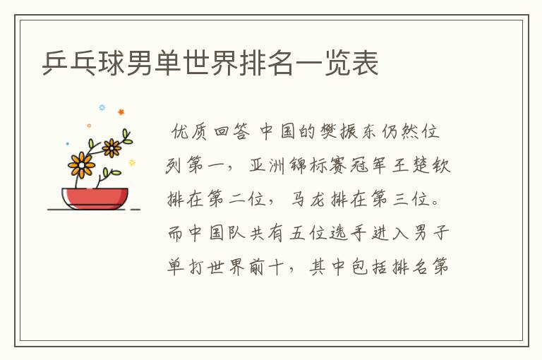 乒乓球男单世界排名一览表