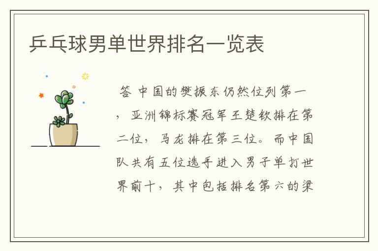 乒乓球男单世界排名一览表