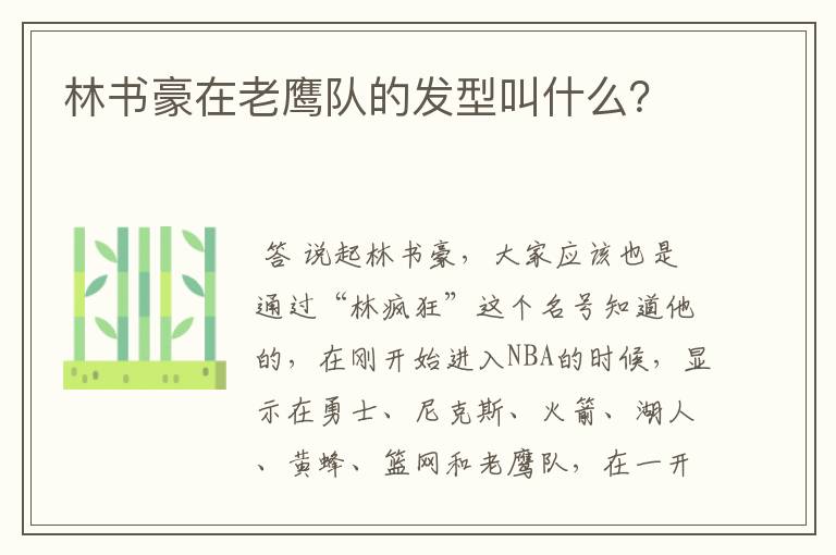 林书豪在老鹰队的发型叫什么?