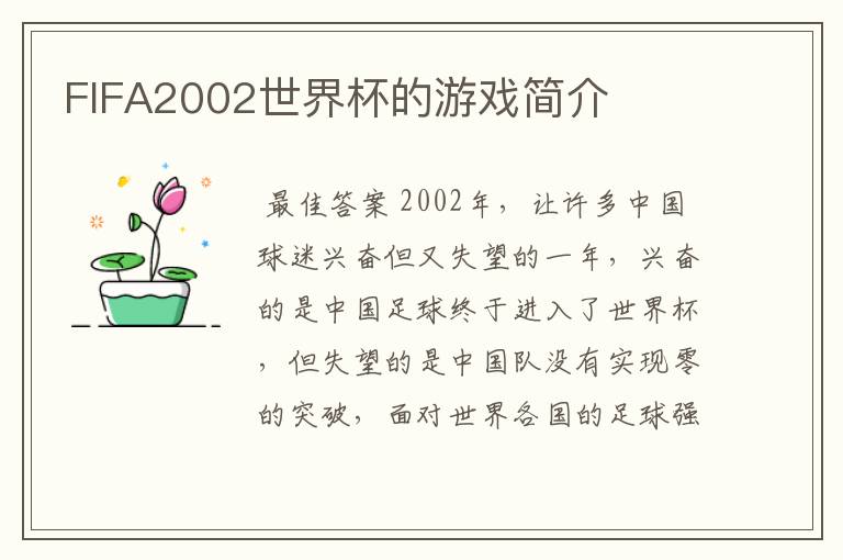 FIFA2002世界杯的游戏简介