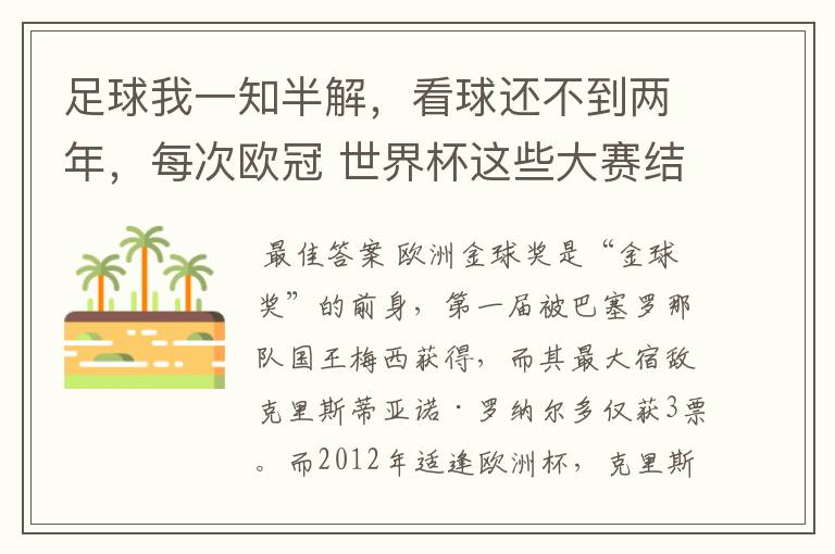 足球我一知半解,看球还不到两年,每次欧冠 世界杯这些大赛结束后不是都要评什么金球奖,金靴奖什么的吗?