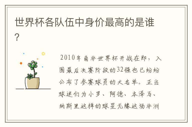 世界杯各队伍中身价最高的是谁?