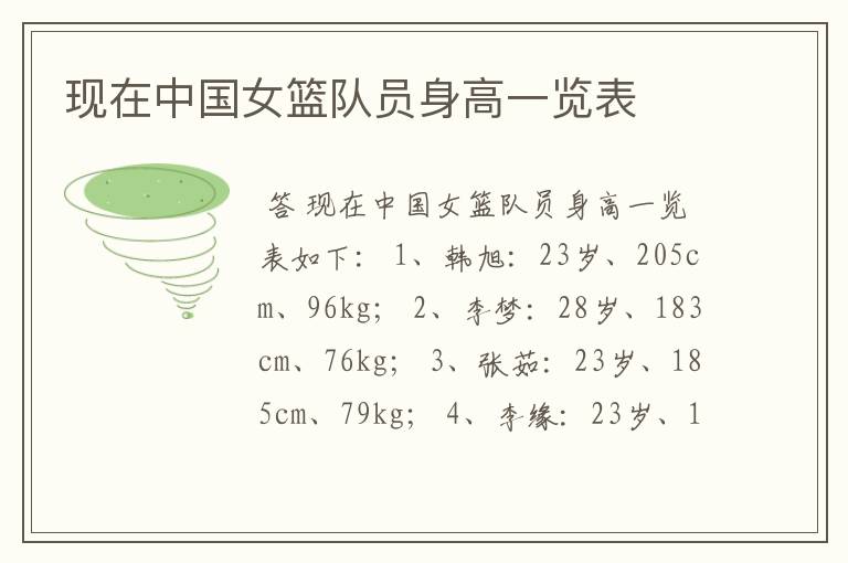 现在中国女篮队员身高一览表