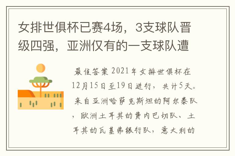 女排世俱杯已赛4场,3支球队晋级四强,亚洲仅有的一支球队遭淘汰