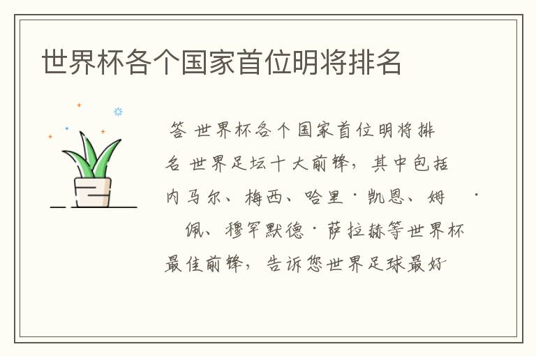 世界杯各个国家首位明将排名