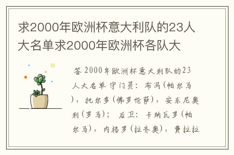 求2000年欧洲杯意大利队的23人大名单求2000年欧洲杯各队大
