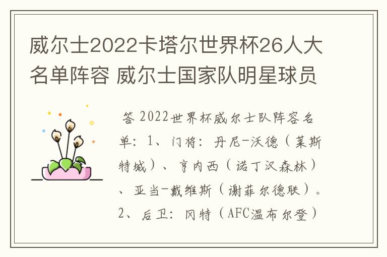 威尔士2022卡塔尔世界杯26人大名单阵容 威尔士国家队明星球员