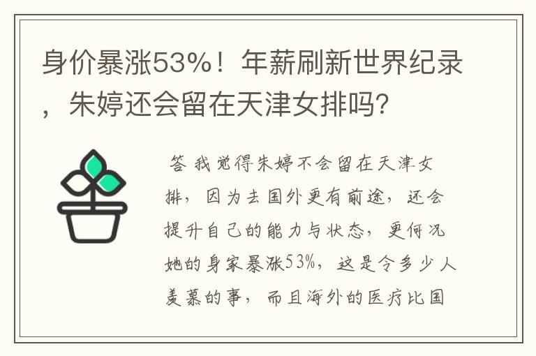 身价暴涨53%!年薪刷新世界纪录,朱婷还会留在天津女排吗?