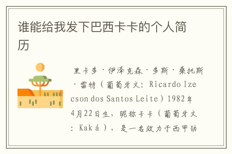 谁能给我发下巴西卡卡的个人简历