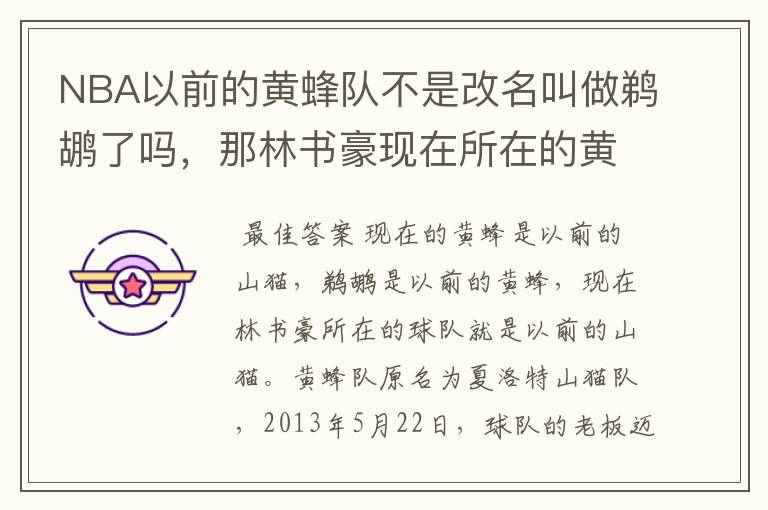 NBA以前的黄蜂队不是改名叫做鹈鹕了吗,那林书豪现在所在的黄蜂队又是怎么回事?这两个队到底是什么关