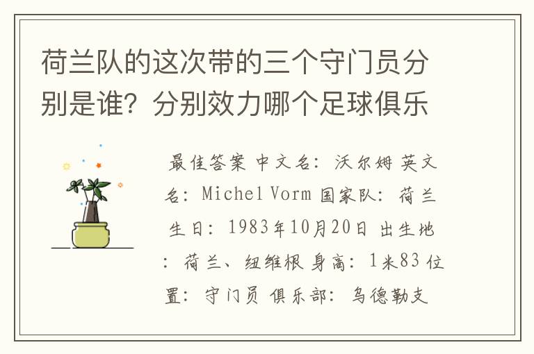荷兰队的这次带的三个守门员分别是谁?分别效力哪个足球俱乐部?