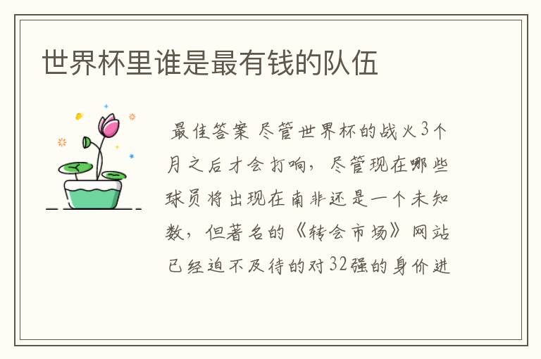 世界杯里谁是最有钱的队伍